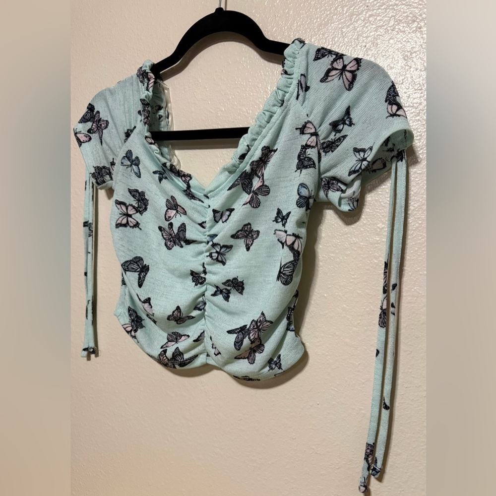 Almost Famous Mint Butterfly Crop Top | Size M | Y2K Ruched Tie Top - Picture 3 of 4